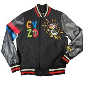 CVZD Civilized Sz S Retro Graphic Patched Faux Leather Snap Button Bomber Jacket